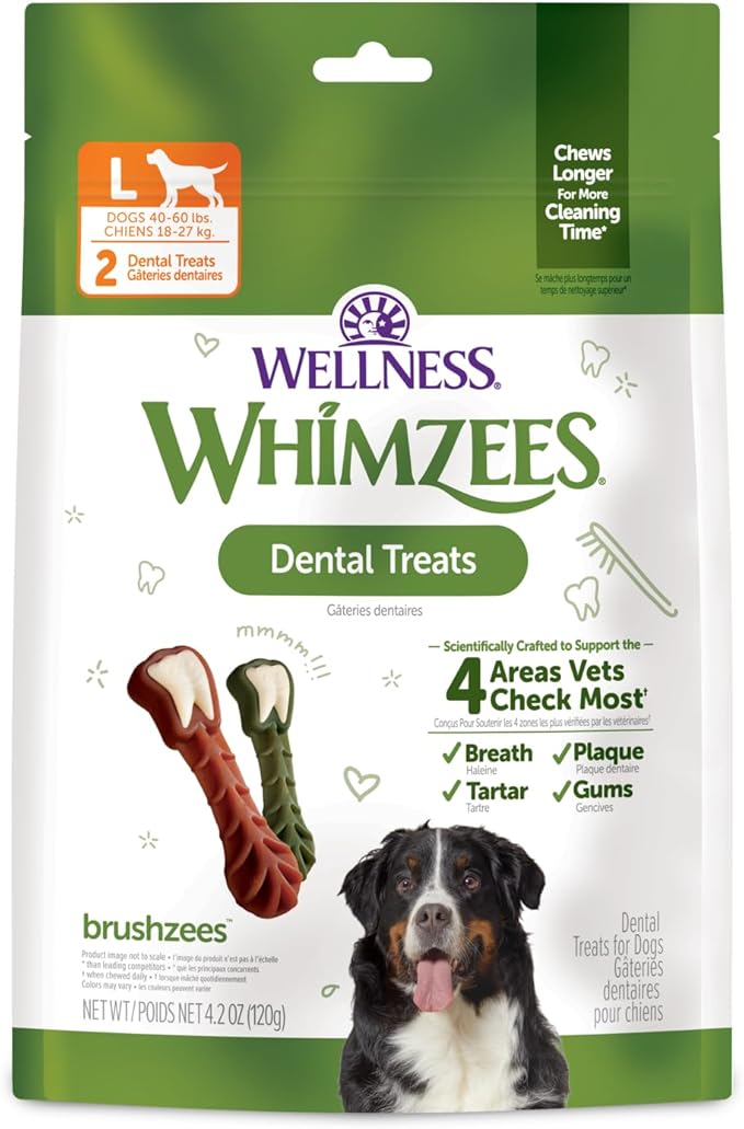 Wellness WHIMZEES Brushzees Dog Dental Treat, VOHC Accepted Chews, Freshens Breath, Large Size, 4.2 oz Bag, 2 Count