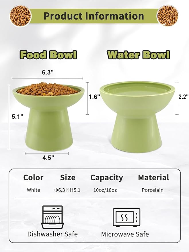 LoeJan Elevated Green Cat Bowls Set - Wide Raised Ceramic Feeder, Anti-Vomit Whisker-Free Bowl for Kittens to Adult Cats