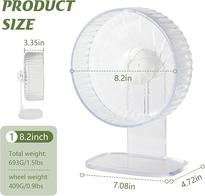 Silent Exercise Wheel with Adjustable Stand for Hamsters, Gerbils, Mice & Small Pets + Free Cleaning Cloth - 8.3" Diameter Running Wheel, Easy Clean, Anti-Slip Track (Transparent)