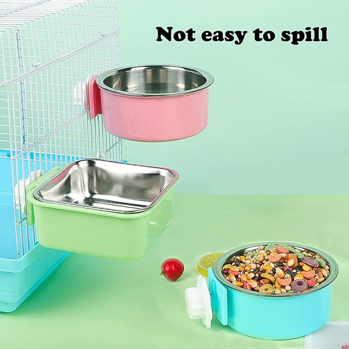 Love Dream Crate Dog Cat Bowls, Removable Stainless Steel Hanging Pet Cage Bowls Kennel, Food Water Feeder with Bolt for Puppy Rabbits Birds 2 Pack with Silicone Sponge Dish Brush