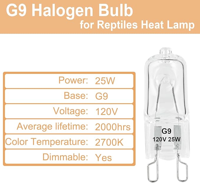 G9 Heat Lamp Bulbs for Reptile,Day White, Mini Halogen Bulb 25W, Infrared Reptile Heat Lamp for Bearded Dragon Gecko Turtle Lizard, Pack of 2