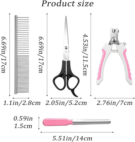 4 PCS Professional Pet Claws Nail Clipper Trimmers, Dogs and Cats Grooming Tools, Metal Dog Comb for Small, Medium and Large Breeds, Cats, Rabbits, Guinea Pigs with Safety Guard to Avoid Over Cutting