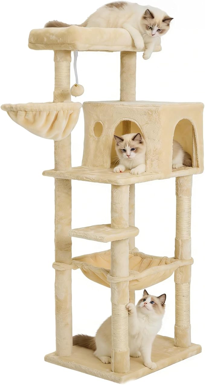 56.2 Inch Cat Tree Condo, Multi-Level Tower with Sisal Scratching Post, Cat House, Plush Toy & Indoor Play Gym (Beige)