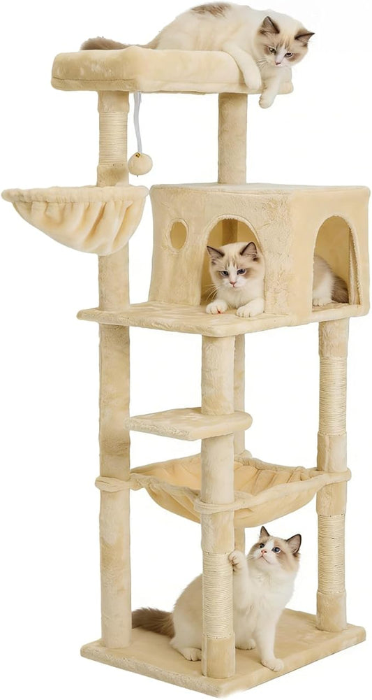56.2 Inch Cat Tree Condo, Multi-Level Tower with Sisal Scratching Post, Cat House, Plush Toy & Indoor Play Gym (Beige)