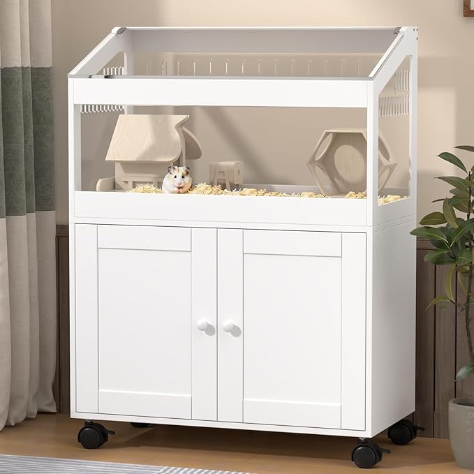 Hamster Cage with Storage Cabinet – Acrylic Panels for 360° Viewing, Ideal for Hamsters, Rabbits, Guinea Pigs, and Hedgehogs, White