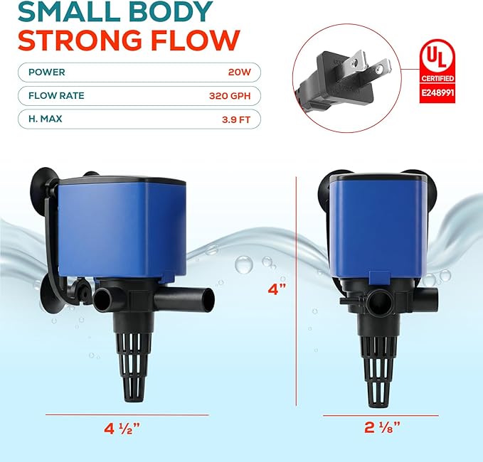 Aqua Dream 320 GPH Aquarium Powerhead - 3-in-1 Submersible Filter Pump with Air Oxygenation & Adjustable Flow, 20W High-Performance Water Circulation Pump for Fish Tanks - 4 Pcs