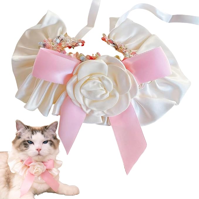 Elegant Lace Cat Collar with Cute Bow,Cat Collar with Bow Tie,Pet Lace Bib Collar with Cute Bow,Cat Princess Costumes,Pink,1 Piece ﻿