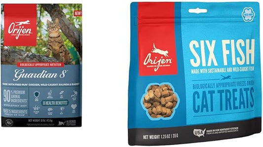 ORIJEN® Dry Adult Cat Food, Grain Free, Premium, High Protein, Fresh & Raw Animal Ingredients, Guardian 8, 10lb Freeze Dried Cat Treats, Six Fish, 1.25oz