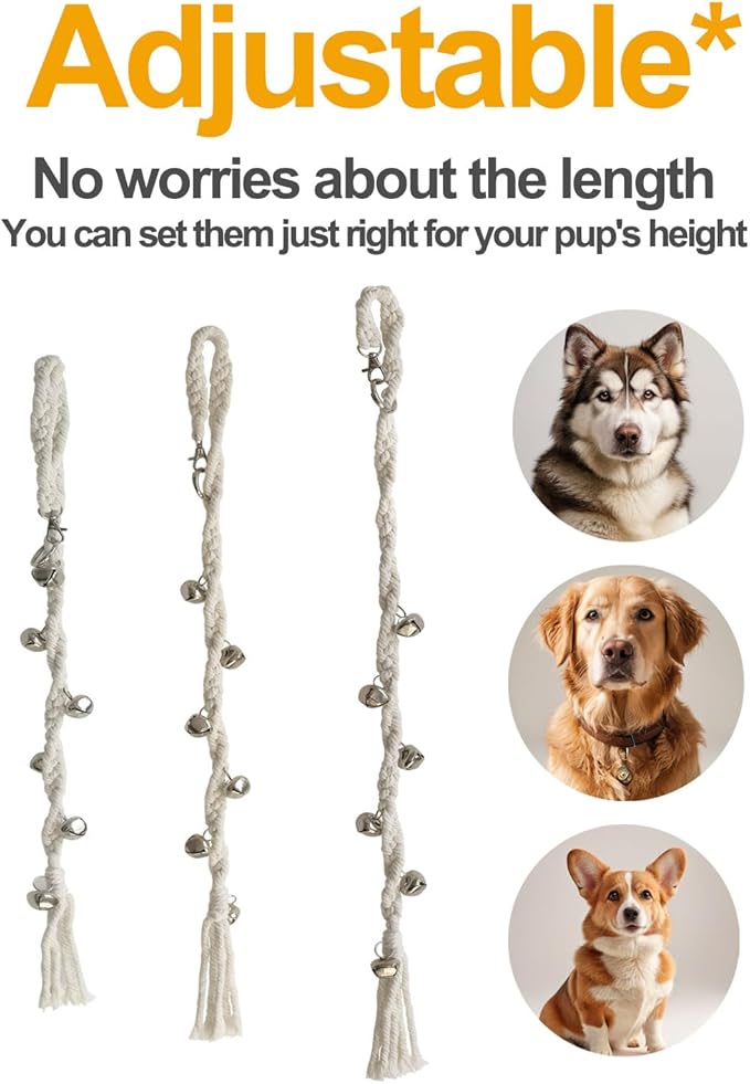 Dog Door Bell to Go Outside Puppy door bells for potty training Adjustable Puppy Doorbell, Outdoor or Indoor Dog Bells for Large and Small Dogs Handmade Boho Dog Bell Beige (Silver bell, 2 Pack)