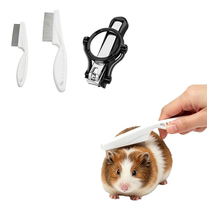 Guinea Pig Grooming Kit - Nail Clippers with Magnifying Glass & 2-Piece Fine-Tooth Comb Set for Small Animals, Rabbit, Hamster, Hedgehog, Ferret, Chinchilla, Sugar Glider (white)