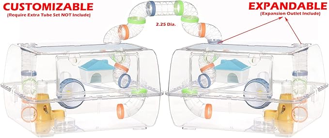X-Large Acrylic 2-Levels Hamsters Mice Gerbils Deluxe Palace House Habitat Home with Large Running Wheel Water Bottle Tower Food Bowl Hide House Deep Base Ground Expansion Outlets