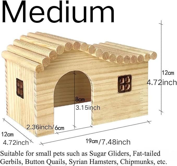 Hamster Wood Hideout Hut with Window Small Animal Wooden House for Rat Sugar Glider Gerbil Syrian Hamster Button Quail (Medium)