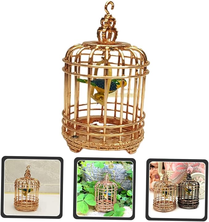BESTonZON Decorative Mini Birdcage Model Rose Gold Ornament for Dollhouses Unique Simulation Bird Cage Decor for Mini Bedroom and Garden