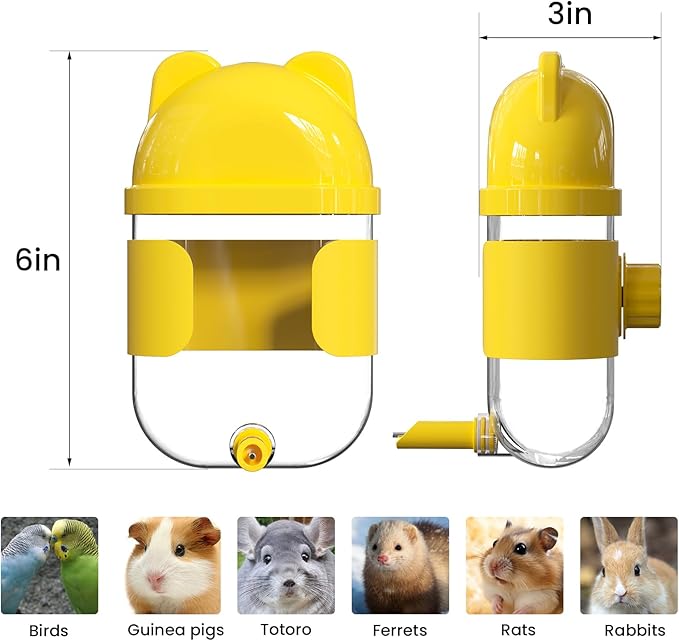 11 Fl Oz No Mess Hanging Water Dispenser,Leak-Proof Automatic Bird Water Feeder,Small Animal Water Bottle for Guinea Pigs,Chinchillas,Ferrets,Parrots,Squirrels,Rats,Bunnies (Yellow)