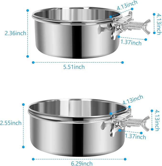 2 Pcs Medium Dog Food Water Bowl for Cage with Upgraded Clamp Holder, Pet Kennel Hanging Bowls Stainless Steel Non-Spill Detectable Bowls Crate Feeder for Medium Dogs (6.3x2.3'' & 5.5x2'')