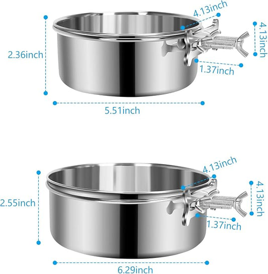 2 Pcs Medium Dog Food Water Bowl for Cage with Upgraded Clamp Holder, Pet Kennel Hanging Bowls Stainless Steel Non-Spill Detectable Bowls Crate Feeder for Medium Dogs (6.3x2.3'' & 5.5x2'')
