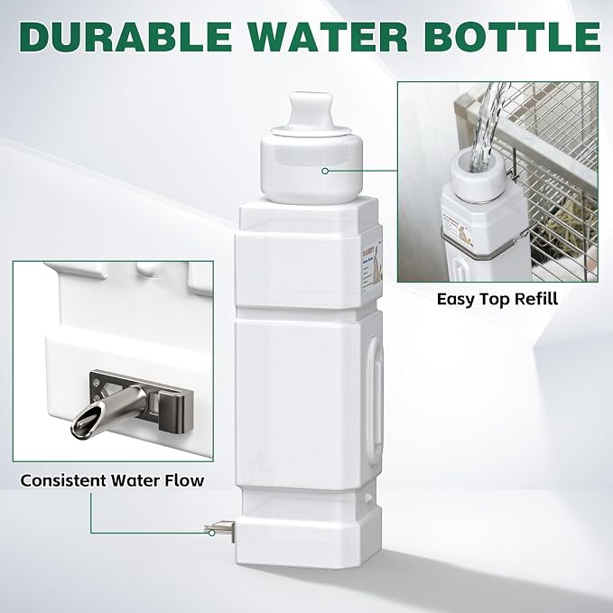 Salcod Top Fill Small Animal Water Dispenser for Cage, 42 oz No Drip Rabbit Water Bottle with Easy Mount Clip, Large Bunny Water Dispenser for Rabbit, Guinea Pig, Chinchilla, Ferret, BPA Free, White