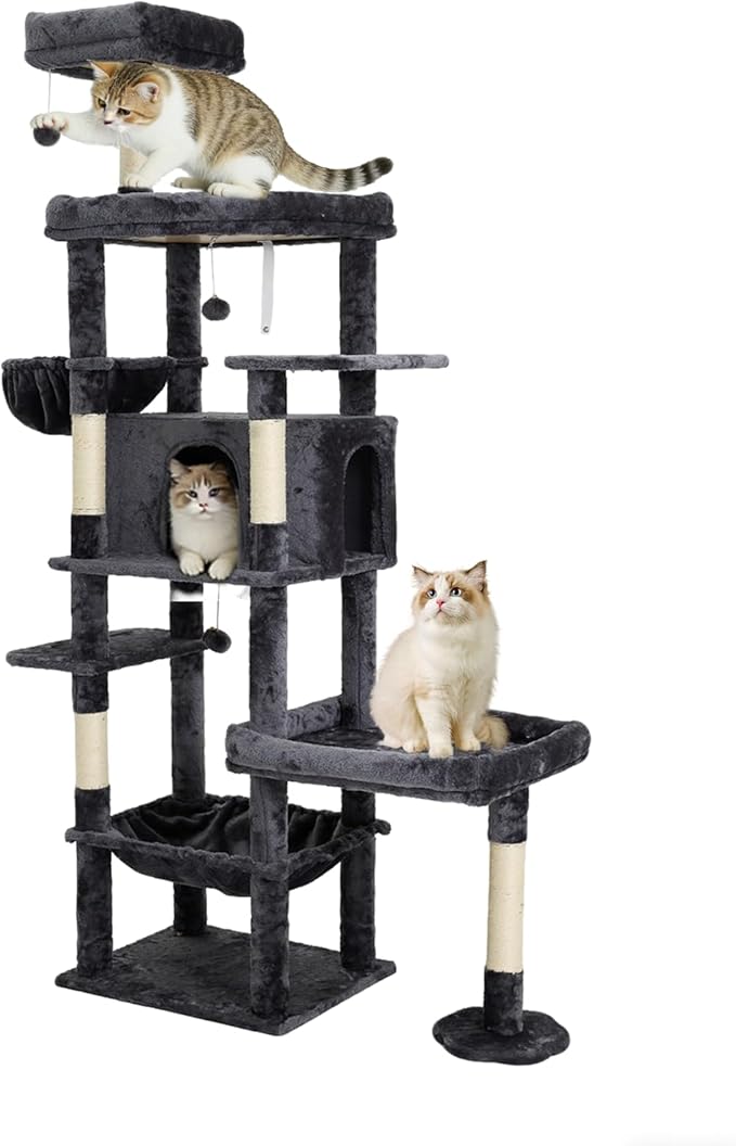 77.5 Inch Cat Tree with Bed, Hammock, Observation Deck, Plush Platform & Toy Ball for Indoor Cats (Grey)