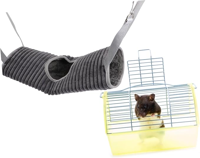 Small Pet Hanging Hammock Tunnel for Ferrets and Hamsters Grey Plush Warm Bed with Funny Tube Design Easy to Install Cage for Rest Play and Sleep