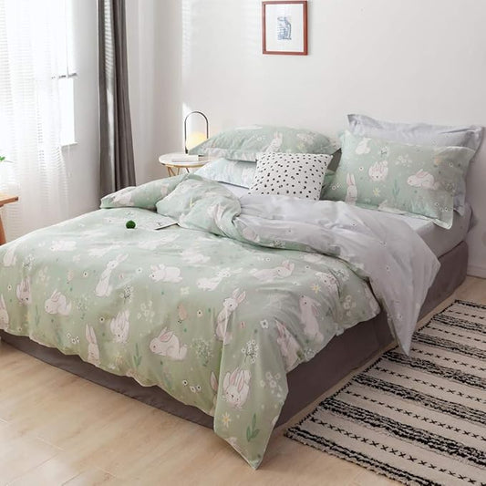 BlueBlue Rabbit Kids Duvet Cover Set Queen, 100% Cotton Bedding for Boys Girls Teens, Cartoon White Rabbit Flower Cute Pattern Print on Light Green, 1 Full Comforter Cover 2 Pillow Shams (Queen)