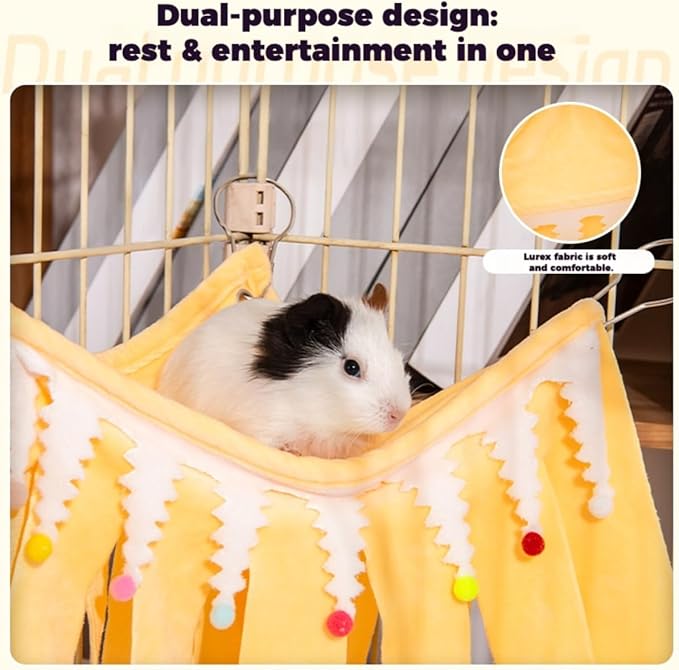 Guinea Pig Corner Hideout, Small Animal Hideout Hammock, Ferret Cage Accessories Cute Hammock, Soft Hanging Fleece Toy for Hamster, Bunny, Chinchilla, Hedgehog (Yellow,Small)