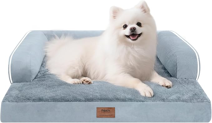 MEKIY Orthopedic Comfy Pet Sofa Dog Bed with Bolster for Small Dogs Cats | Pillow Support for Neck Relief, Egg Crate Foam, Skin-Friendly Surface, Waterproof Liner, Anti-Slip Bottom, 24 x 18 Inch