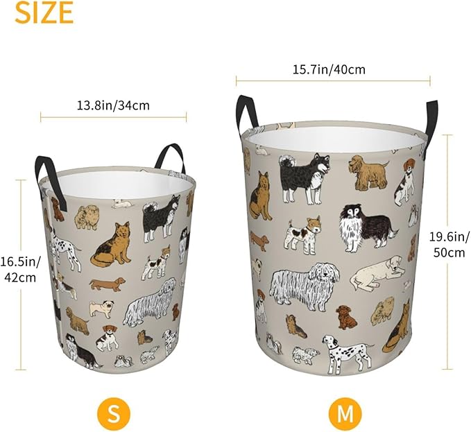 Cute Dogs Print Round Laundry Hamper Storage Basket Toys Clothes Organizer Bin For Home Bathroom Bedroom Dorm Nursery, 62l