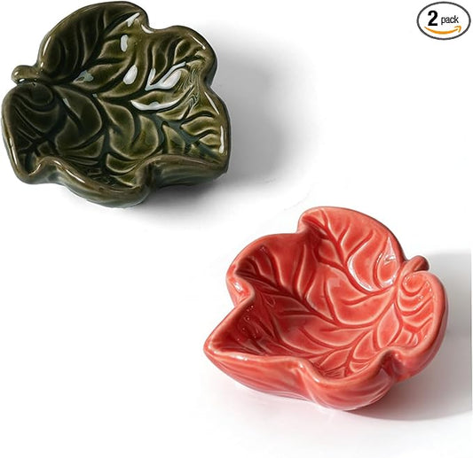 Hamtser Food Bowl,2 Packs Leaf Hamster Bowls,Ceramic Feeding Bowl,Food Dish for Small Animals Gerbil Dwarf Hamster Rat Mice Guinea Pig(Red + Dark Green)