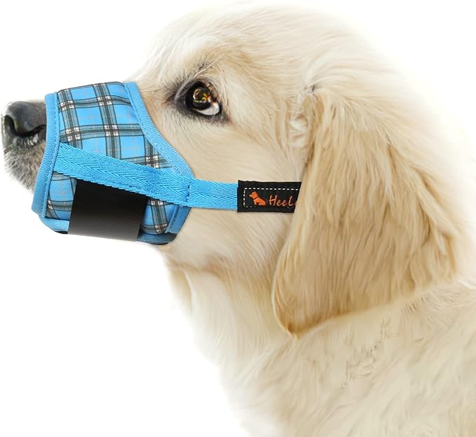 HEELE Dog Muzzle,Soft Nylon Muzzle Anti Biting Barking Chewing,Air Mesh Breathable Drinkable Adjustable Loop Pets Muzzle for Small Medium Large Dogs 4 Colors 4 Sizes (P-Blue Plaid, L)