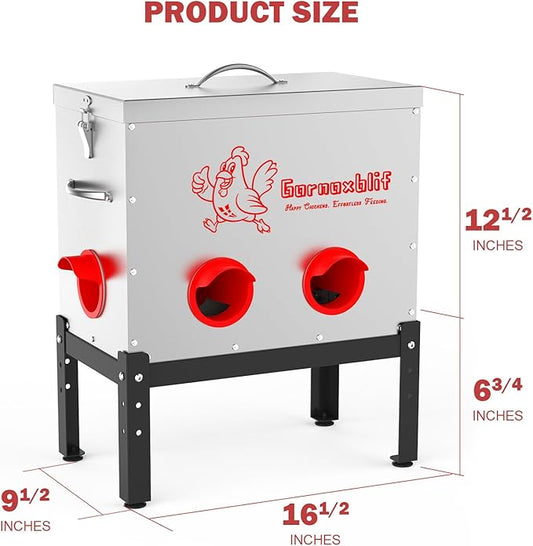 40 LB Large Automatic Chicken Feeder, 6 Port Metal Chicken Feeders, No-Waste Poultry Feeder with Adjustable Legs & Locking Lid, Weatherproof Large Chicken Feeder for Inside Chicken Coops