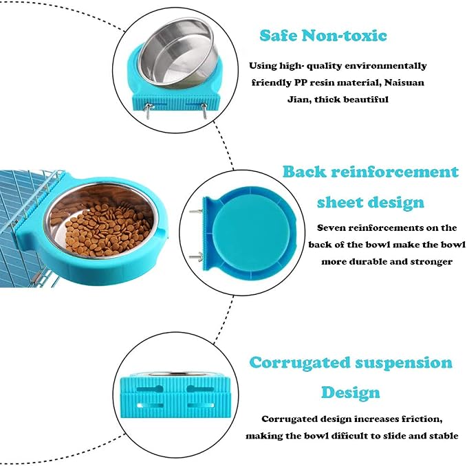 Crate Dog Cat Bowls, Removable Stainless Steel Hanging Pet Cage Bowls for Kennel, Crate Food Water Feeder Bowls with Bolt Holder for Cat, Puppy, Rabbite Birds and Other Small Animals (Large, Blue)