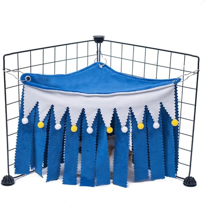 OMEM Guinea Pig Corner Hideout Fringed Triangle House with Hidden Hammock Tent for Hamster Rabbit Small Pet Habitat Décor (Blue)
