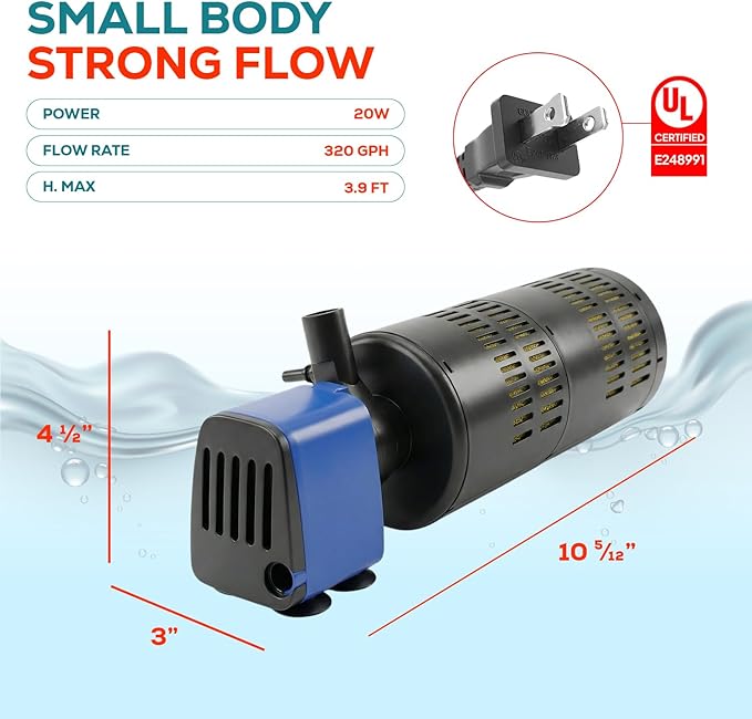Aqua Dream 320 GPH Internal Aquarium Filter - 3 in 1 Submersible Powerhead Pump with Air Oxygenation & Sponge Filtration, 20W High-Performance Water Cycling Pump for Fish Tanks - 6 Pcs