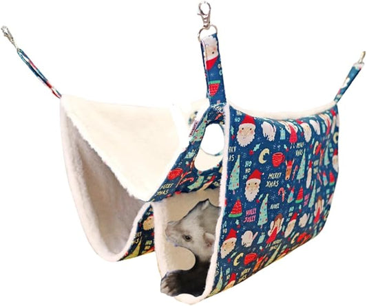 Enlarged Ferret Rat Hammock, 2 Holes Warm Guinea Pig Double Layer Hammock, Hanging Tunnels and Tubes Soft Hiding Playing Sleeping for Small Animals (Blue)