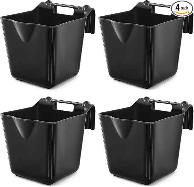 Marsui 4 Pack 15 Quart Horse Feeders for Stall Hook Over Hanging Fence Hay Feeder Mountable Livestock Plastic Feed Bucket for Farm Stalls Pasture, Stable to Feed Horses Sheep Cattle Cows Etc(Black)