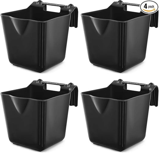 Marsui 4 Pack 15 Quart Horse Feeders for Stall Hook Over Hanging Fence Hay Feeder Mountable Livestock Plastic Feed Bucket for Farm Stalls Pasture, Stable to Feed Horses Sheep Cattle Cows Etc(Black)