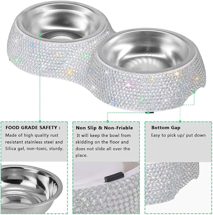 SAVORI Small Dog Bowls, Handmade Bling Rhinestones Stainless Steel Pet Bowls Double Food Water Feeder for Puppy Cats Dogs Cats (AB Color-320ml)