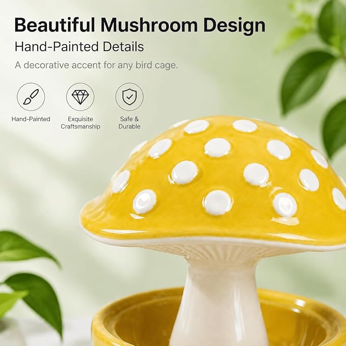 Cute Mushroom Ceramic Bird Water Dispenser & Seed Bowl, Premium Glazed Anti-Dust Feeding Dish for Small Parrots, Conures, Hamsters, Heavy Duty Cage Accessory