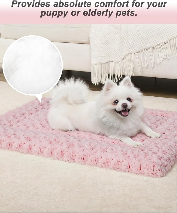 Washable Dog Bed Mat Ultra Soft Dog Crate Pad Comfy Fluffy Pet Kennel Beds Sleeping Mattress for Large Jumbo Medium Small Dogs, 36 x 23 Inch, Pink