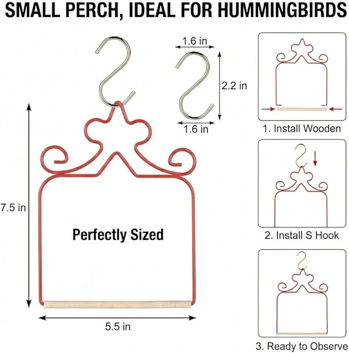 4-Pack Hummingbird Swings - Rust-Proof Metal Red Perches with Natural Wooden Dowel - Essential Bird Watching Decor for Outdoor Garden, Patio & Yard - Includes 4 S-Hooks