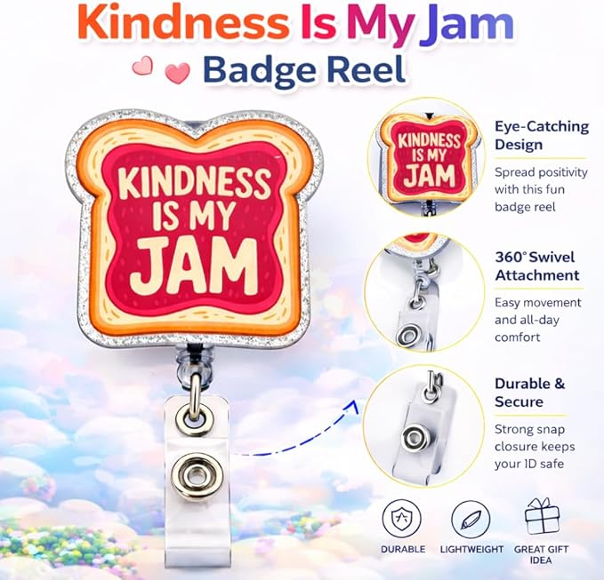 Kindness Is My Jam Badge Reel Glitter Retractable ID Holder Clip Inspirational Positive Nurse Medical RN CNA CMA EMS Healthcare Nursing Cute Name Tag Fun Decorative Bling Gift Office Women Accessories