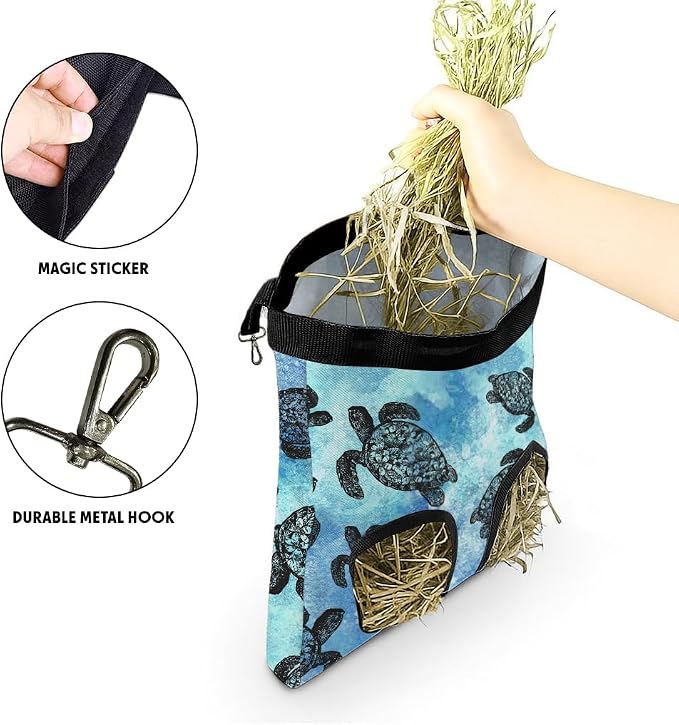 WIRESTER Oxford Hanging Guinea Pig Hay Feeder 11x9 Inch, Rabbit Hay Feeding Storage Bag for Bunny Chinchilla Hamster with Back Hooks, 2 Holes - Ocean Sea Turtles