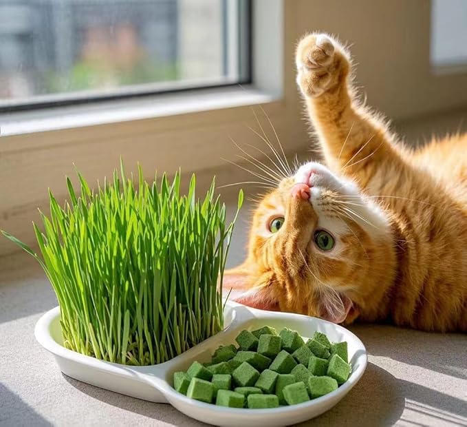 Fangool Freeze-Dried Cat Grass Treats,1.8oz Chicken Freeze-Dried Cat Grass Granules/80% cat Grass Content Hairbal Remedy and Teeth Cleaning