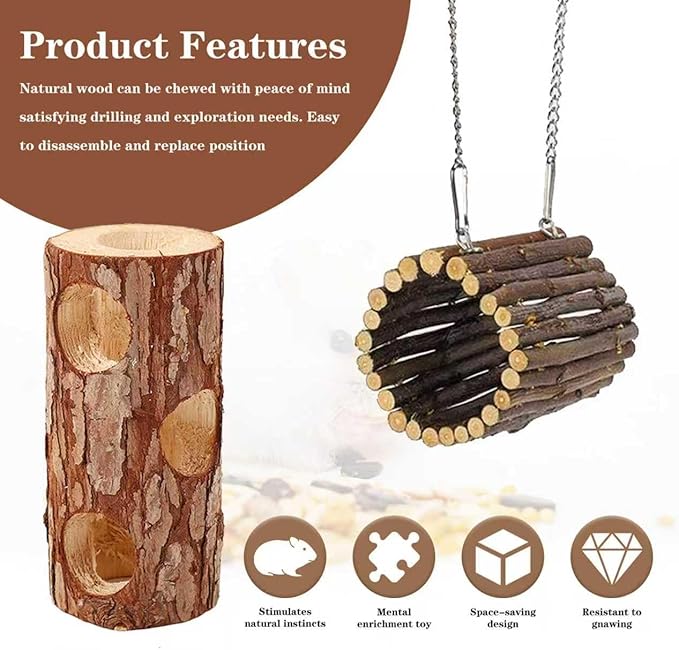 Natural Wooden Hamster Tunnels & Hideouts – Chew-Safe Birch Trunk Tubes for Dwarf Hamsters, Gerbils, Mice – Cage Accessories, Exercise Toy, Forest-Themed Small Pet Habitat (4pcs)