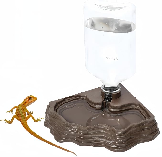 17oz Terrarium Tank Reptile Food Feeders Bowl, Water Feeder Automatic Water Dispenser Waterer Feeding Accessories, for Geckos Lizards Turtle Bearded Dragons (Brown)
