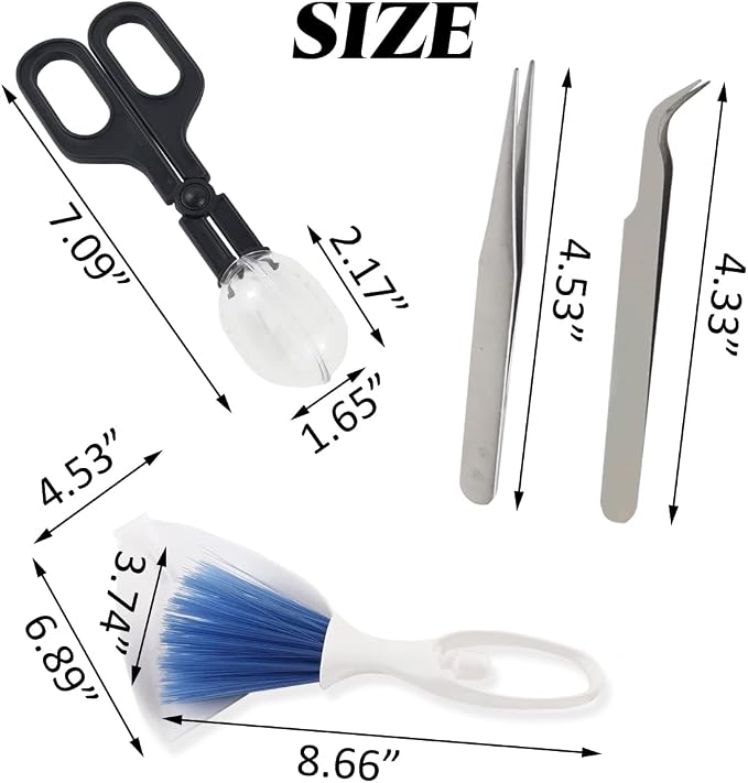 NSBELL Reptile Scooper Feeding Tool, Mini Dustpan and Brush, Straight and Curved Stainless Steel Tweezers for Reptile, Hedgehog, Hamsters, Guinea Pig, Rat, Lizard and Other Small Animals Supplies