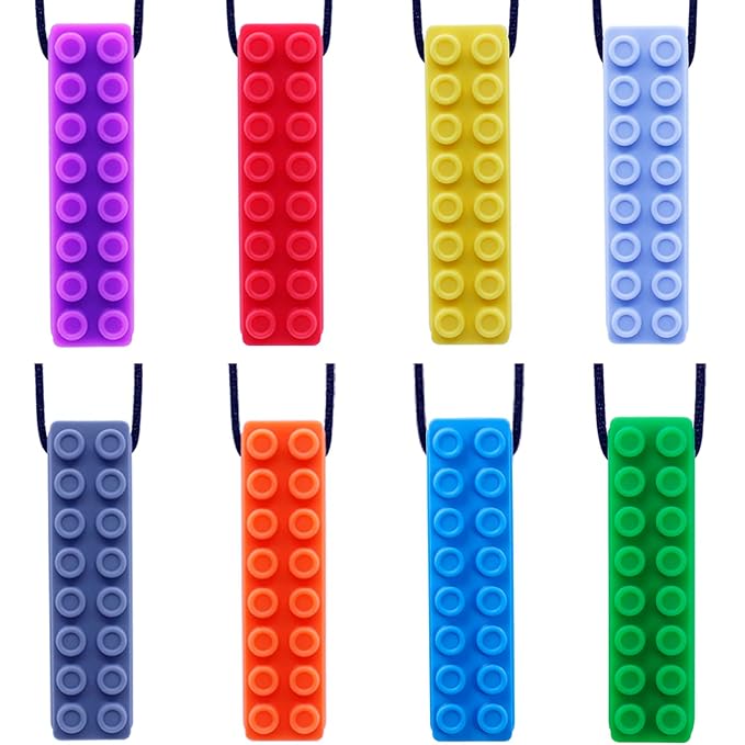 Chew Necklace by GNAWRISHING - 8-Pack (Building Block)- for Autistic, ADHD, SPD, Oral Motor Children, Kids (Tough, Long-Lasting)