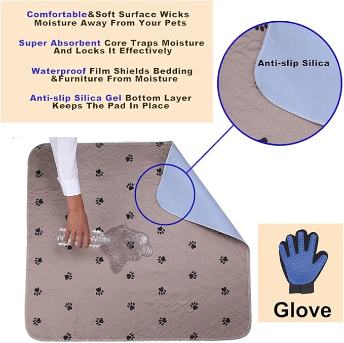SincoPet Washable Dog Pee Pads with Puppy Grooming Gloves,Puppy Pads,Reusable Pet Training Pads,Large ,Waterproof Pet Pads for Dog Bed Mat,Super Absorbing Whelping Pads,41x41 Inch (Pack of 2)