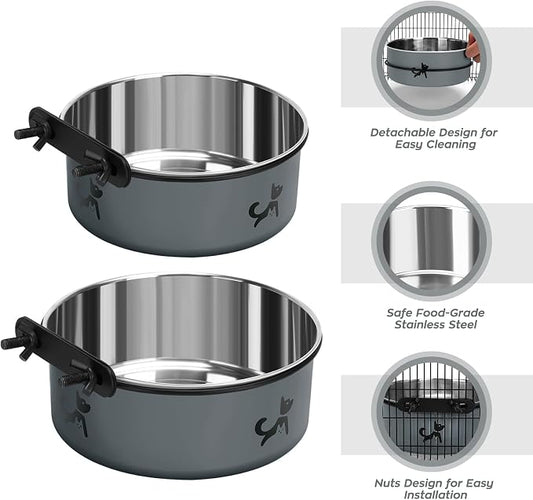 Dog Crate Bowls Hanging No Spill, Set of 2 Dog Crate Water Bowl, Mountable Stainless Steel Pet Cage Accessories Feeder Crate Water Food Dish Coop Cup for Cat Puppy Bunny Guinea Pig Ferret