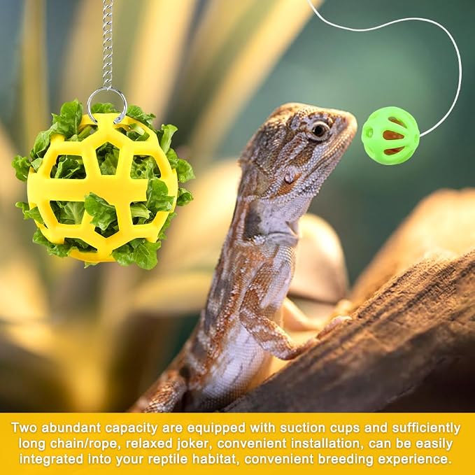Bearded Dragon Enrichment Toys Feeder Ball Set, Vegetable Feeder Ball & Bell Ball, Exercise Balls Interactive Feed Toys Bells Reptile Tank Accessories for Reptile Lizard Gecko (Yellow)
